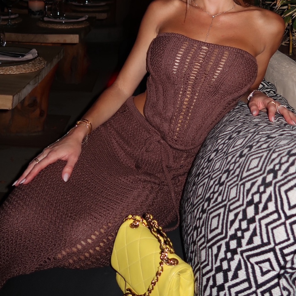 Crochet Strapless Brown Midi Dress